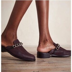 New Free People Vida Chain Leather Mule Loafers Burgundy Maroon Size 37.5 7-7.5